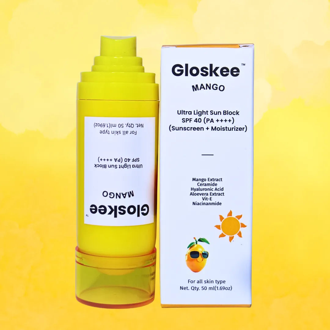Gloskee Mango ultra light sun block with packaging on a yellow background