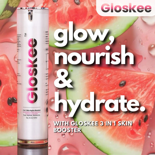 Gloskee 3 in 1 Skin Hydro Booster bottle placed against watermelon slices, highlighting hydration, nourishment, and glow benefits with tagline 'Glow, Nourish & Hydrate'.