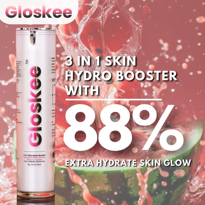 Gloskee 3 in 1 Skin Hydro Booster bottle featured with watermelon slices and water splash, highlighting 88% extra skin hydration and glow benefits in a clean beauty campaign.